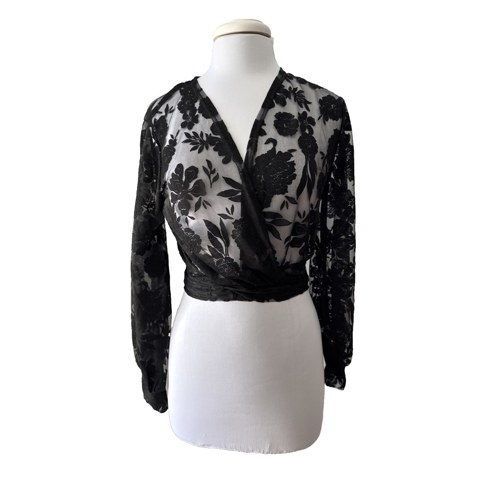 Amber Sky Black Floral Sheer Wrap Crop Top Blouse L Burnout Whimsigoth Fairycore